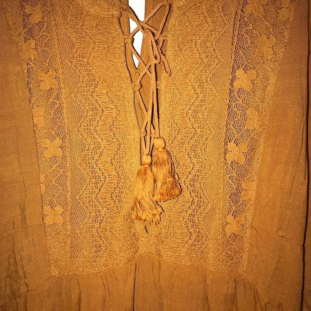 Boho dark mustard dress with tie - Picture 3 of 6